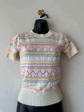 Vintage Snowbird Knitwear Pastel Pointelle Short Sleeve Sweater Top Cottagecore